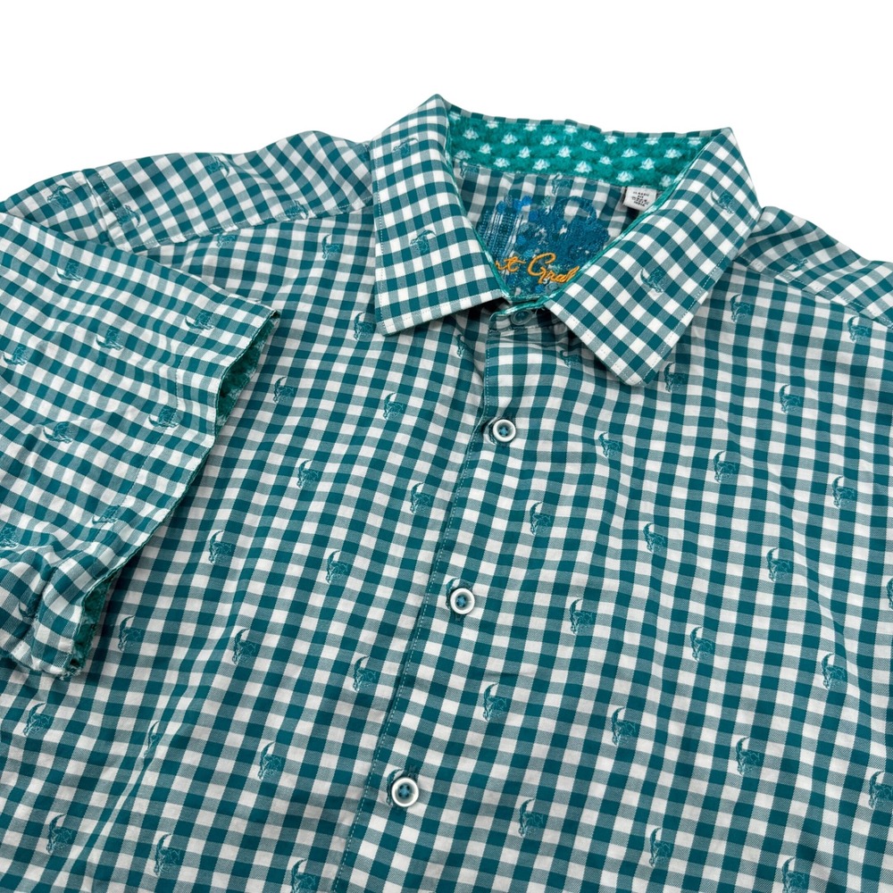 Robert Graham Gingham Skull Short Sleeve Button Down‎ Shirt Teal White Men 2XL